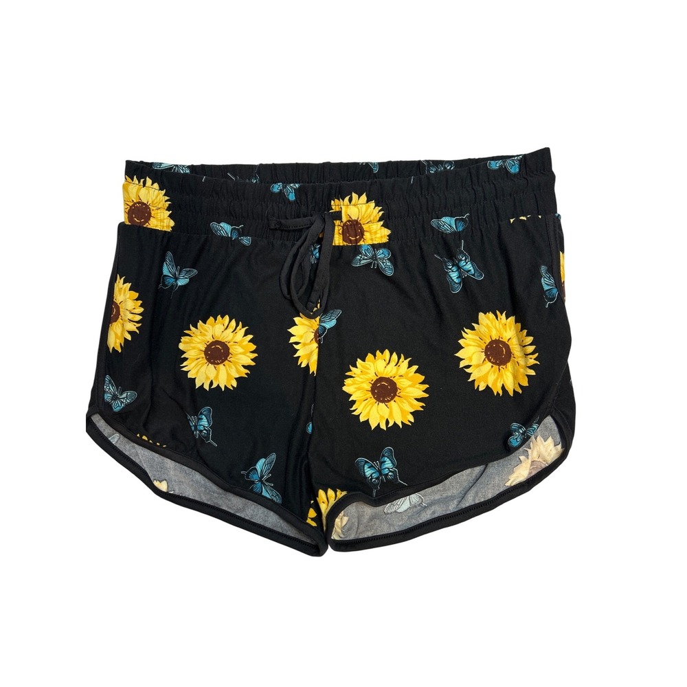 Faded Rose‎ Womens XL Black Sunflower Butterfly Lounge Shorts or Pajama Bottoms